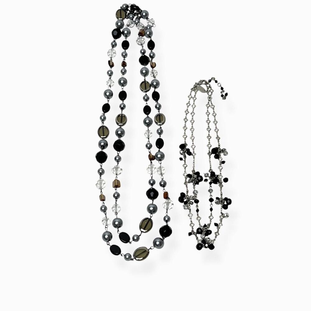Lot Of 2 Necklaces Silver Black Beads Faceted Smooth Signed Premier Designs WHBM - Picture 2 of 13